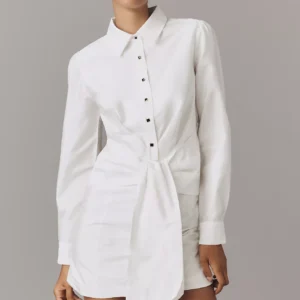 Vestido camisero corto de manga larga con lazo al frente