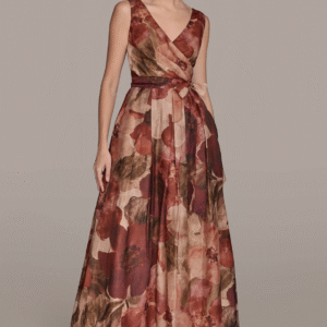 Vestido Largo sin Mangas de Organza Floral con Efecto Cruzado