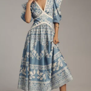 Vestido Maxi Estampado con Escote en V y Mangas Abullonadas — Farm Rio